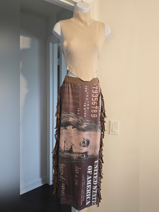 SHEIN Dresses & Skirts - SHEIN Brown Money Graphic Fringe-Trim Midi Skirt - Size Small